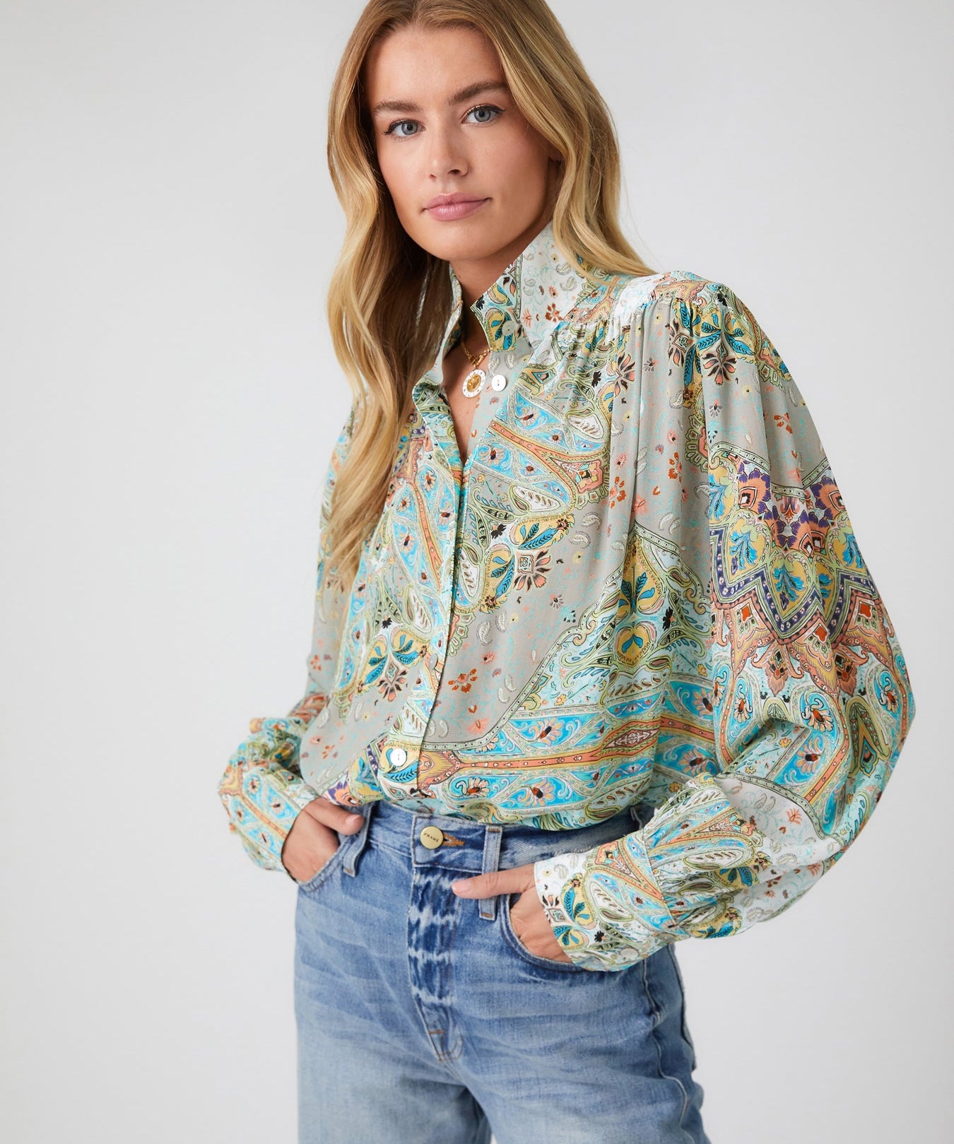 Shirred Button-Up Blouse GR