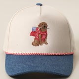 Golden Retriever Holding USA Flag Denim Brim Trucker Hat : Dark Denim