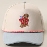 Golden Retriever Holding USA Flag Denim Brim Trucker Hat: Light Denim