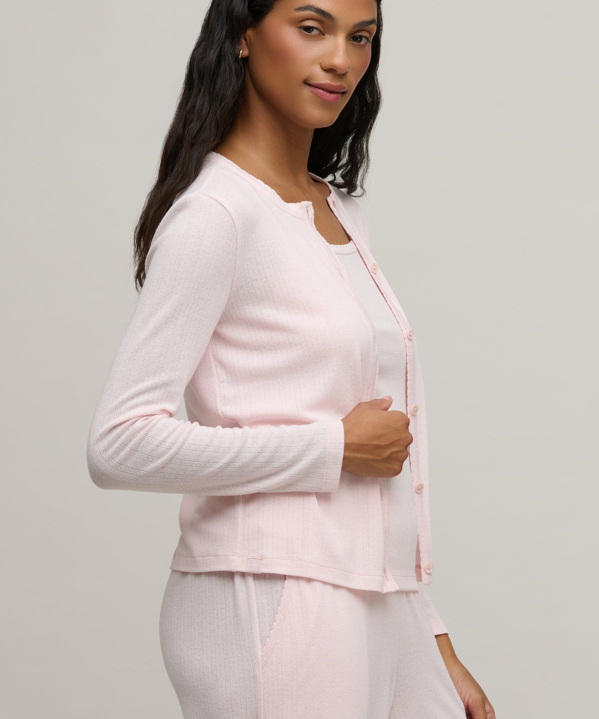 Pointelle Rib Cardigan with Scallop Trim : Pink Sand