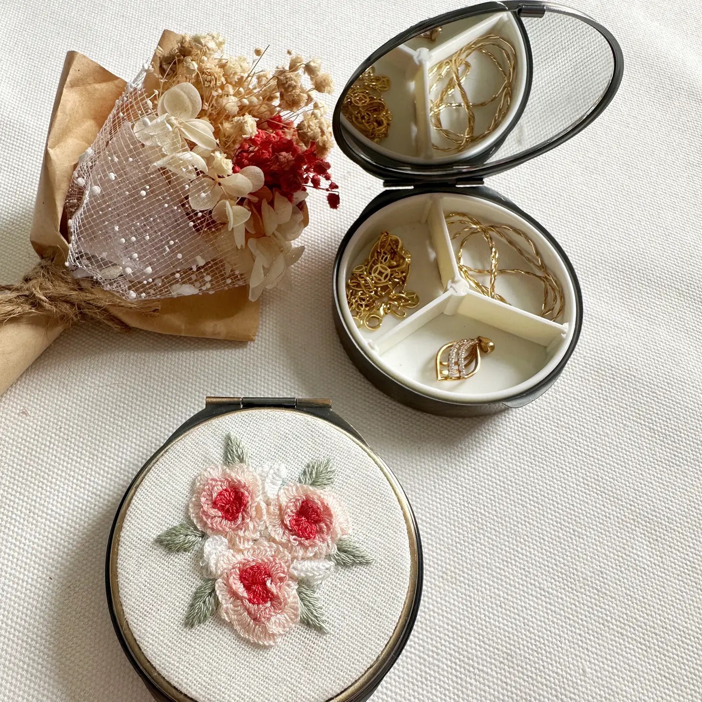 Floral Embroidered Round Jewelry Box with Mirror