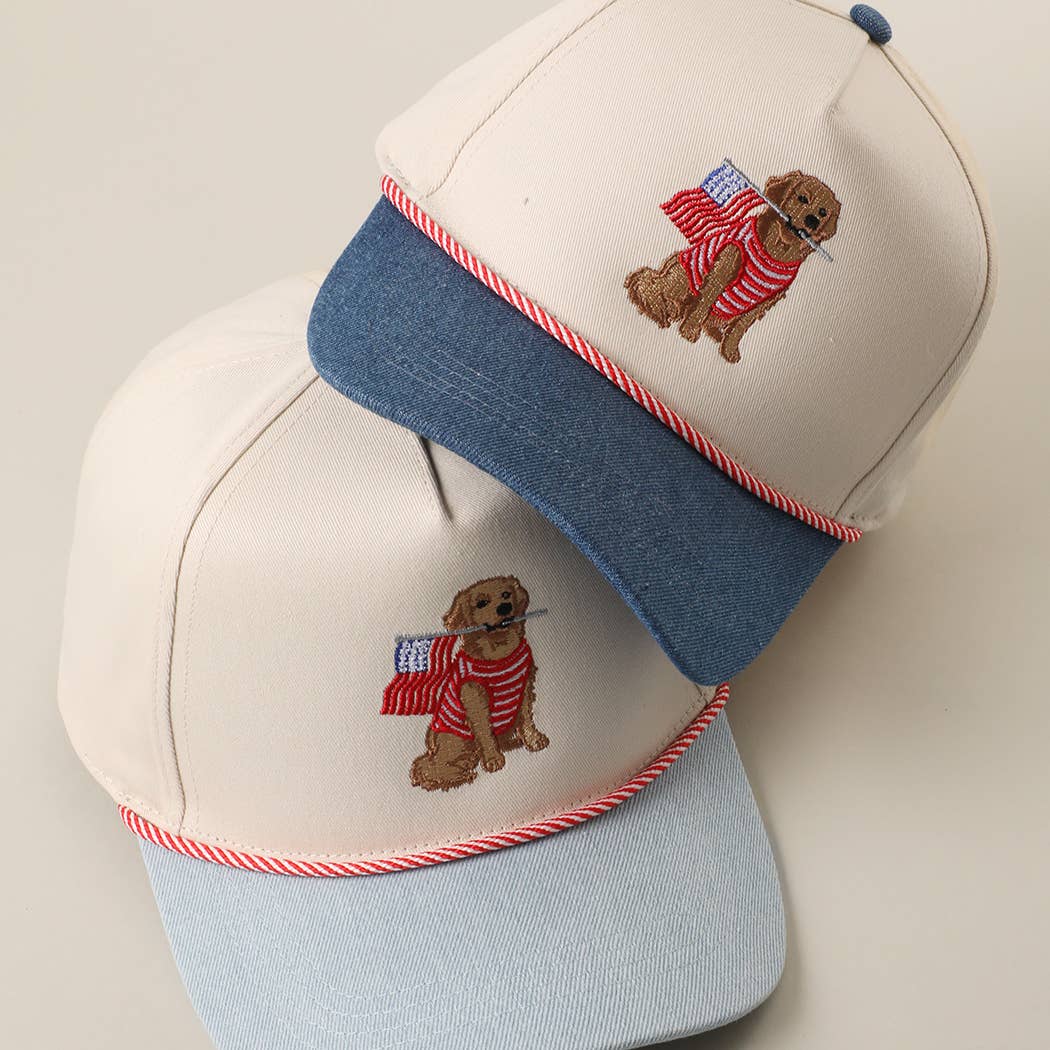 Golden Retriever Holding USA Flag Denim Brim Trucker Hat: Light Denim