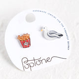 Seagull and French Fries Mismatched Beach Stud Earrings