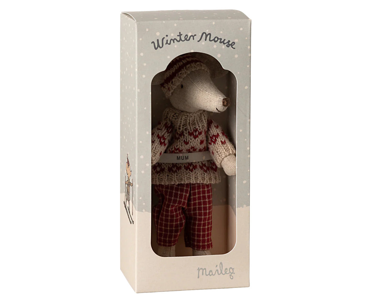 Winter mouse with ski set, Mum - Red