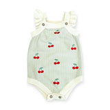 Cherry Stripe Embroidered  Romper