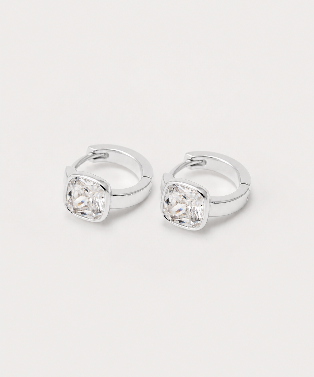 Selena Square Bezel Huggies : Silver
