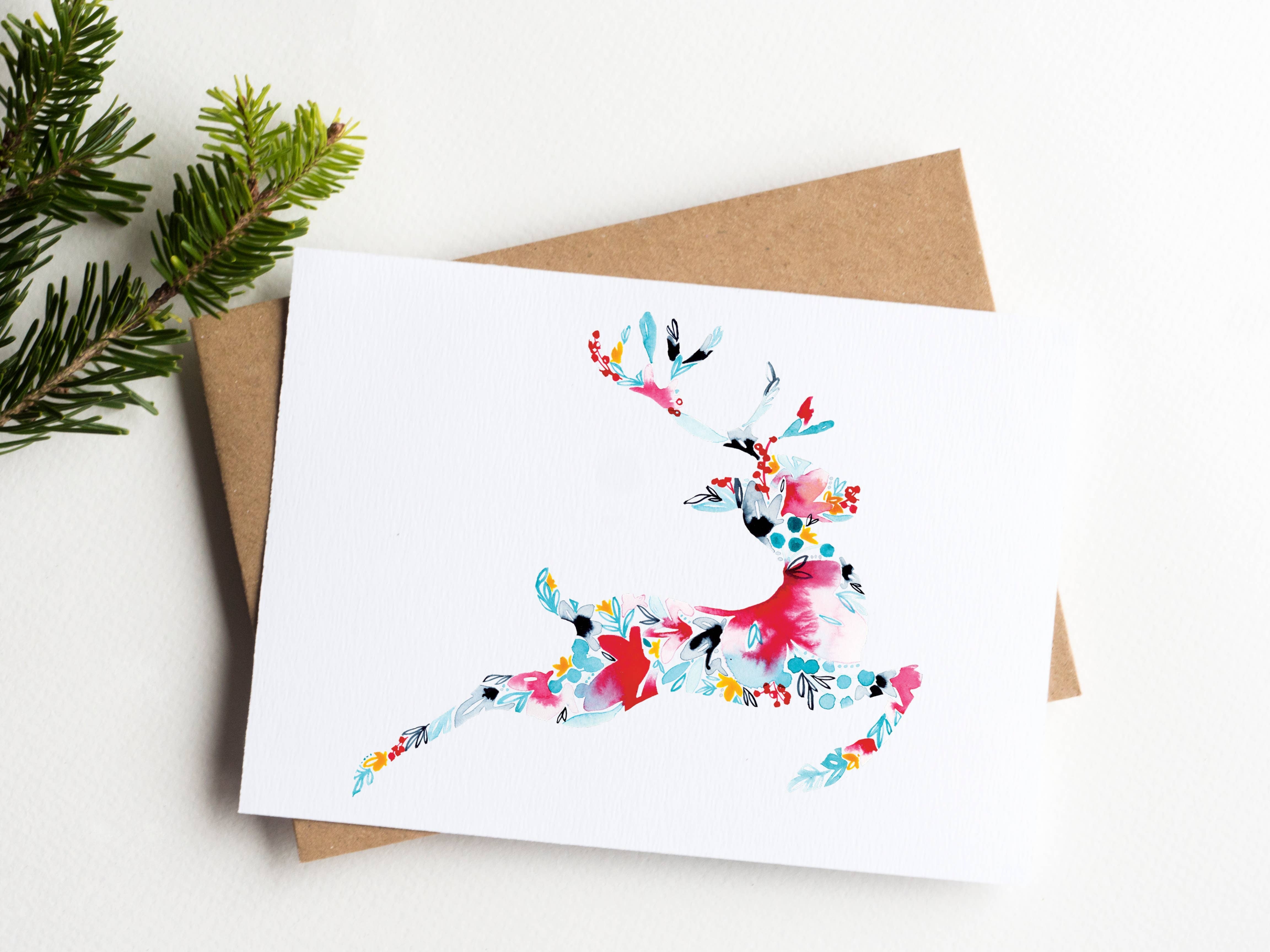 Reindeer Floral Holiday Greeting Card