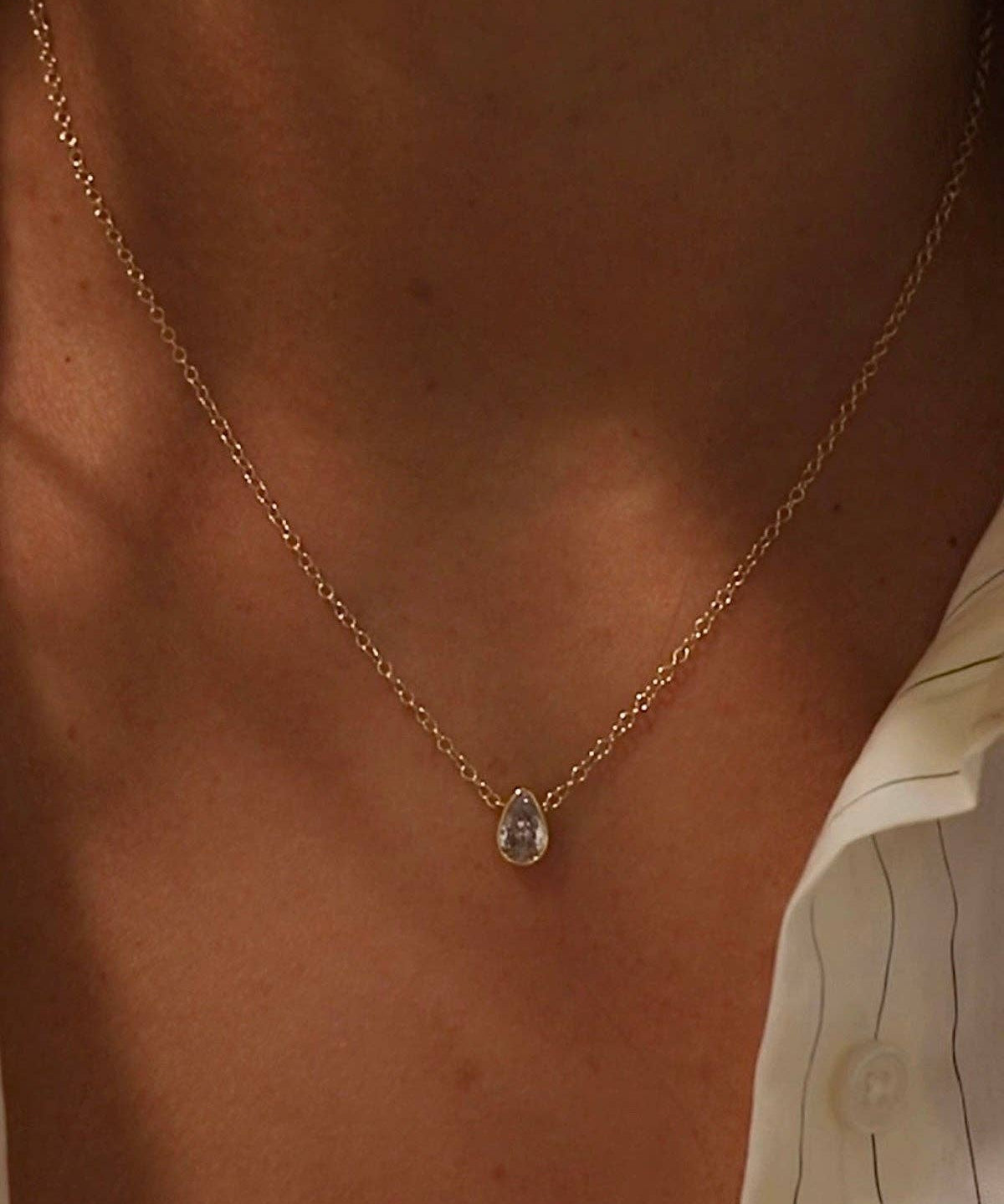 Floating Pear Bezel Necklace : Gold